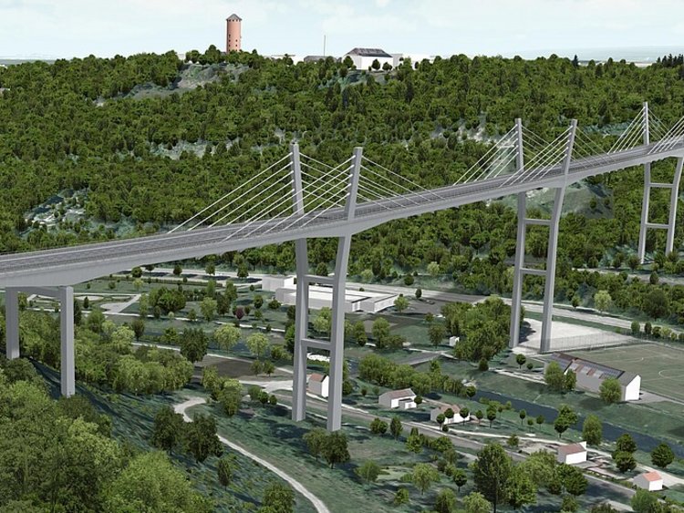 Viaduct, Horb Visualisation. Bird's eye view of the bridge, the road connects two hills overgrown with a forest across a valley. In the valley there is a river lined with trees as well as other green areas, a railway line and a road. The bridge rests on three large grey pillars in the valley. The piers extend beyond the carriageway and each has 5 stay cables in 2 directions.