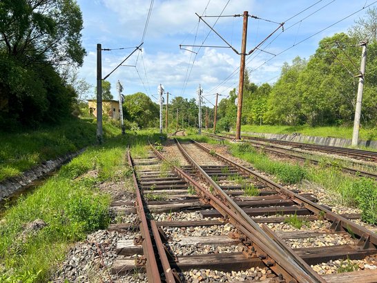 Bedeutender Streckenabschnitt wird modernisiert SanierungsbedĂŒrftige Eisenbahnschienen und Strommastanalge umgehben von Wiesen und BĂ€umen