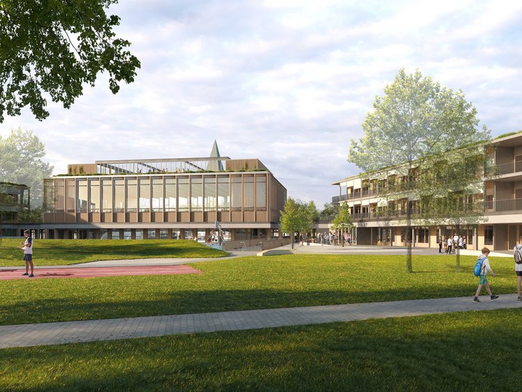 Secondary school building on Torquato Tasso Strasse, Munich Visualisation of the building. In the centre of the picture is the central building with the future sports facilities and swimming pool as well as the canteen. To the left is the primary school with a ground floor and two storeys, and to the right is the secondary school, also with a ground floor and two upper storeys. The buildings are surrounded by green spaces. At the front of the picture is a footpath as well as a red sports field.